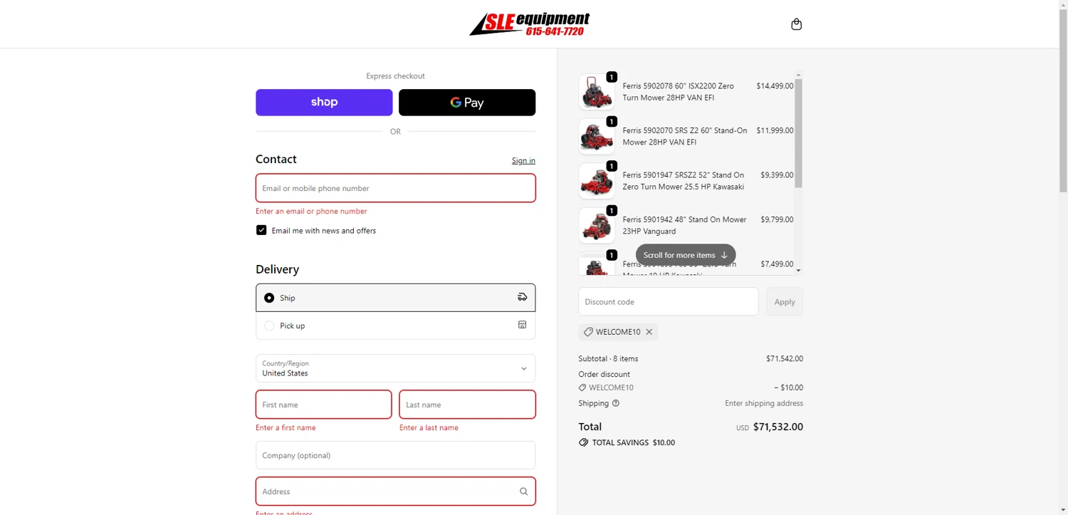 SLE Equipment discount code screenshot showing code WELCOME10 applied at SLE Equipment checkout page. Uploaded by SimplyCodes community member ScanRanger3503 on Nov 10, 2025