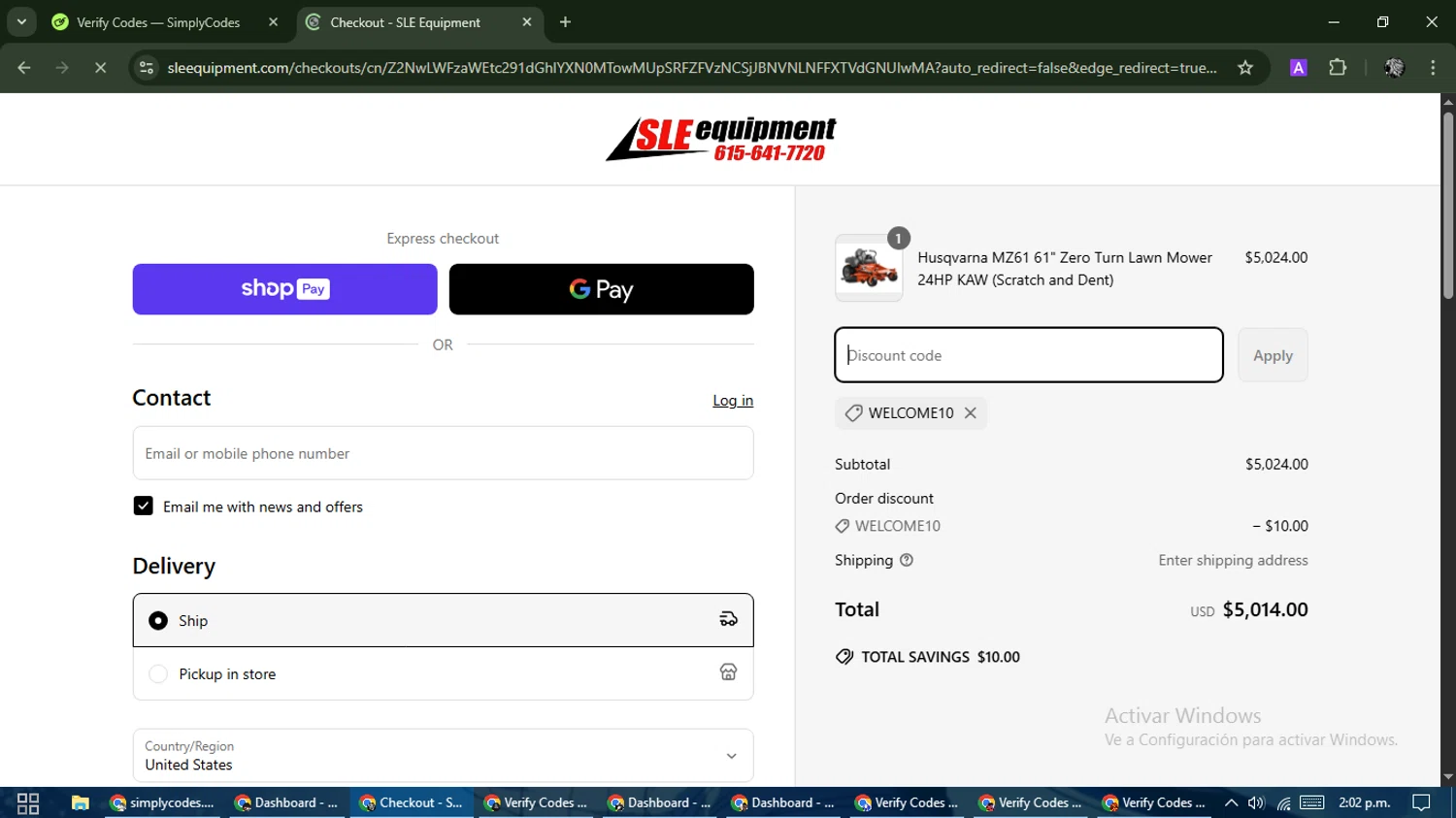 SLE Equipment discount code screenshot showing code WELCOME10 applied at SLE Equipment checkout page. Uploaded by SimplyCodes community member PrimeKnight6101 on Apr 9, 2025