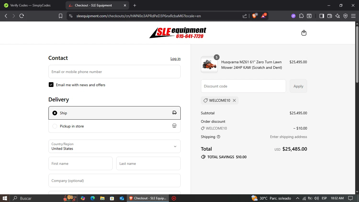 SLE Equipment discount code screenshot showing code WELCOME10 applied at SLE Equipment checkout page. Uploaded by SimplyCodes community member jairinho on Jul 19, 2025