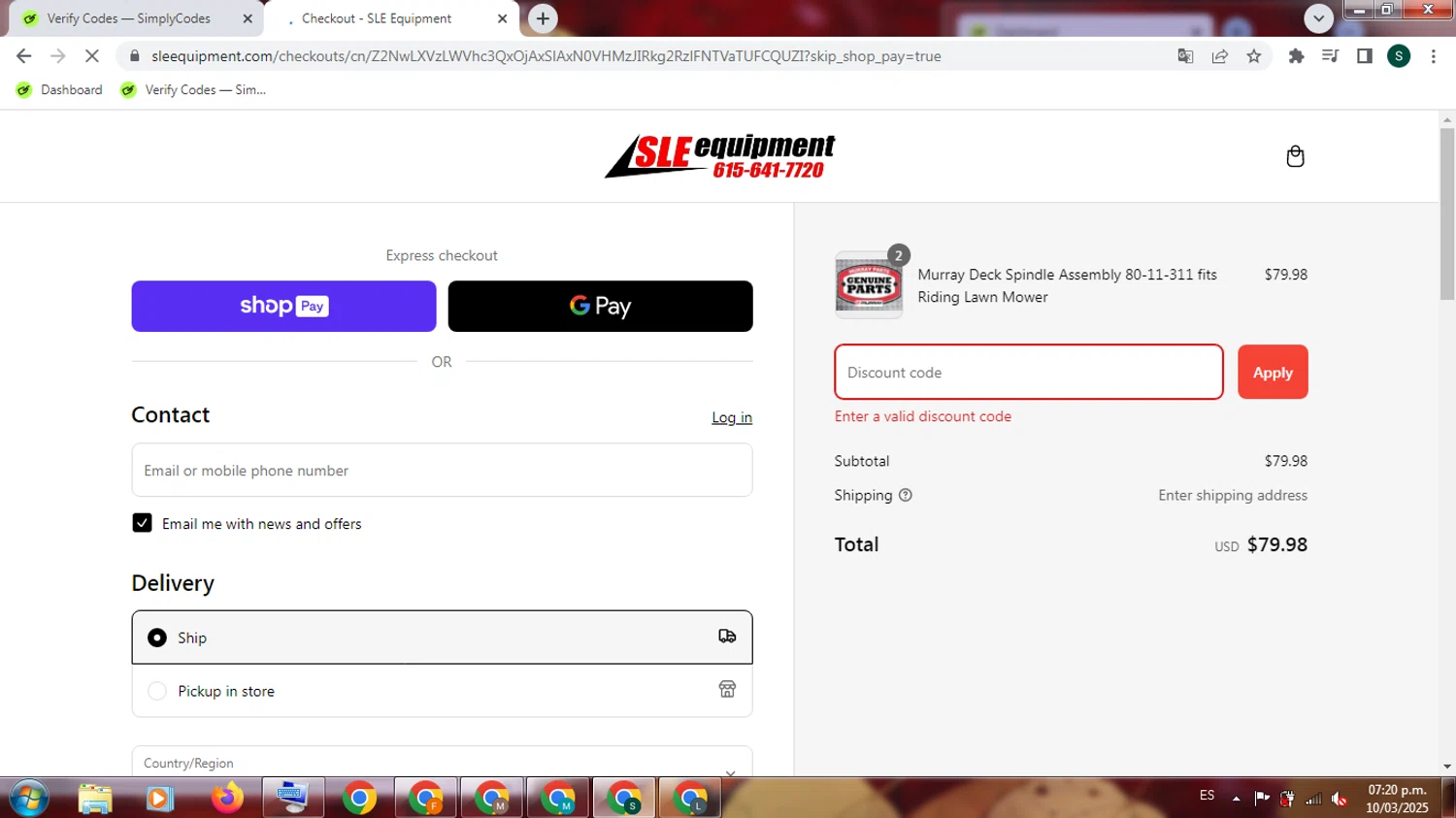 SLE Equipment discount code screenshot showing code WELCOME5 applied at SLE Equipment checkout page. Uploaded by SimplyCodes community member PromoExpert3105 on Mar 10, 2025