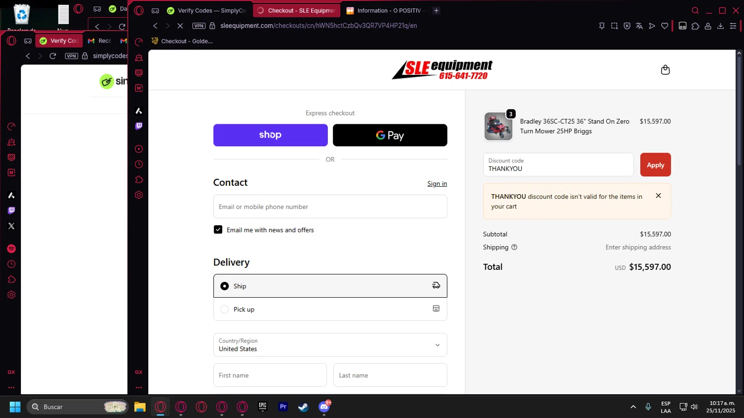 SLE Equipment discount code screenshot showing code THANKYOU applied at SLE Equipment checkout page. Uploaded by SimplyCodes community member Billyyou on Nov 25, 2025