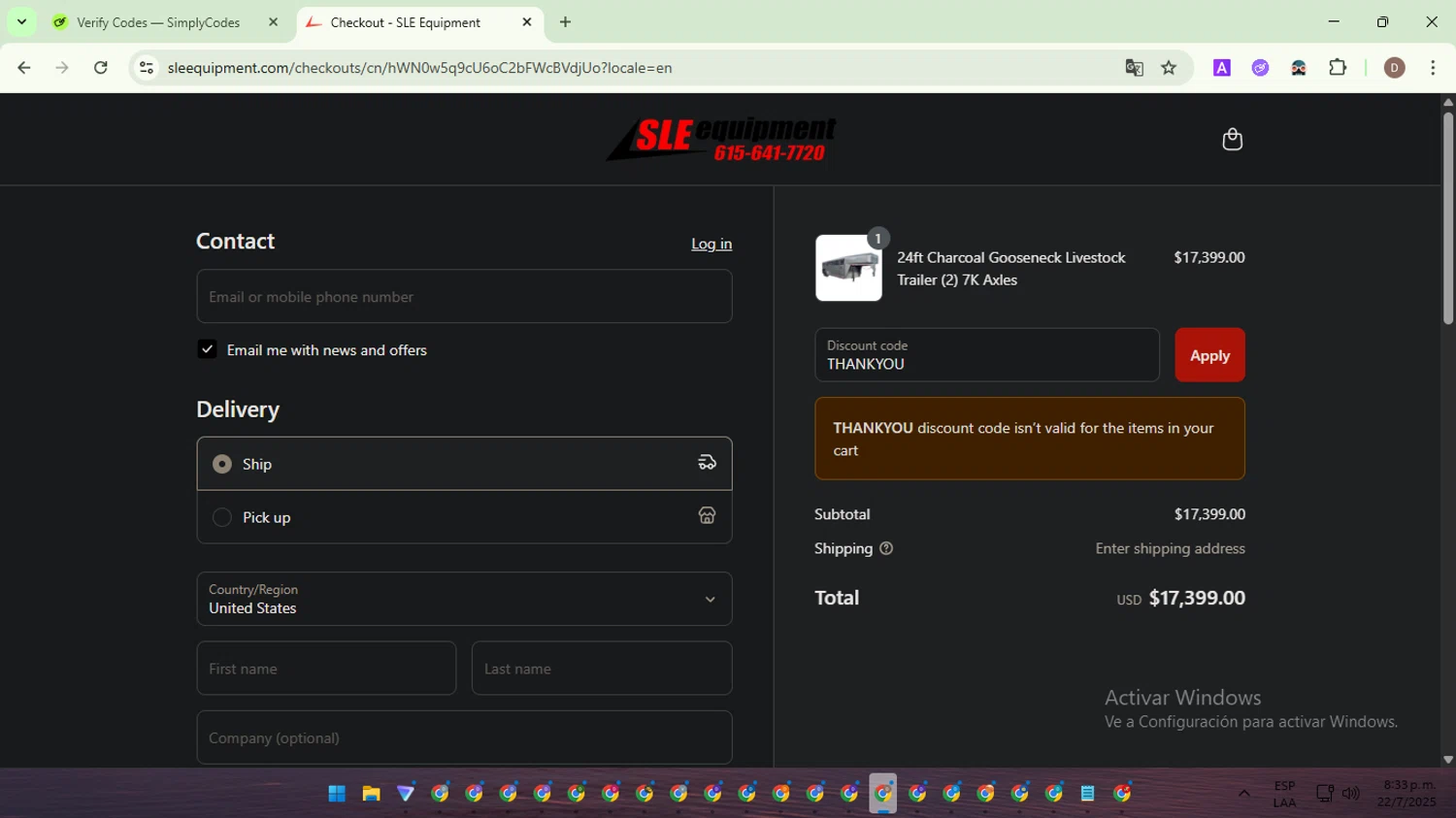 SLE Equipment discount code screenshot showing code THANKYOU applied at SLE Equipment checkout page. Uploaded by SimplyCodes community member NobleWarden6764 on Jul 23, 2025