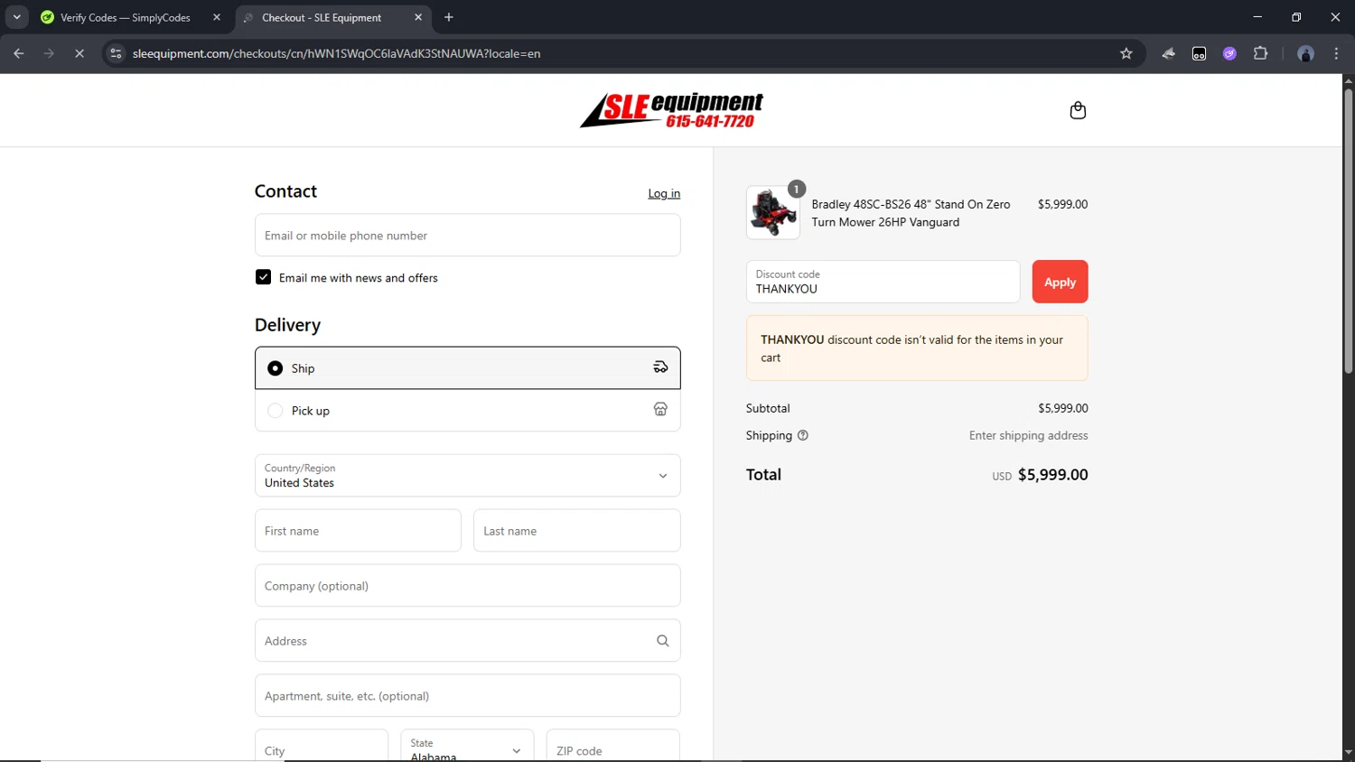 SLE Equipment discount code screenshot showing code THANKYOU applied at SLE Equipment checkout page. Uploaded by SimplyCodes community member Time_sin_filtro on Aug 5, 2025