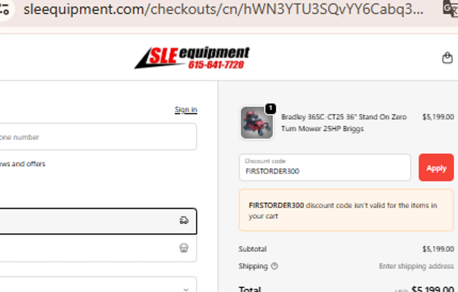 SLE Equipment discount code screenshot showing code FIRSTORDER300 applied at SLE Equipment checkout page. Uploaded by SimplyCodes community member BudgetLion5814 on Sep 30, 2025