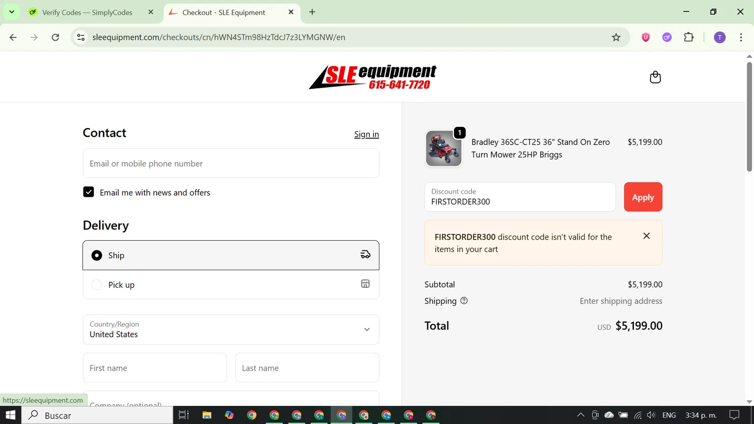 SLE Equipment discount code screenshot showing code FIRSTORDER300 applied at SLE Equipment checkout page. Uploaded by SimplyCodes community member FortunateCurator5882 on Oct 23, 2025
