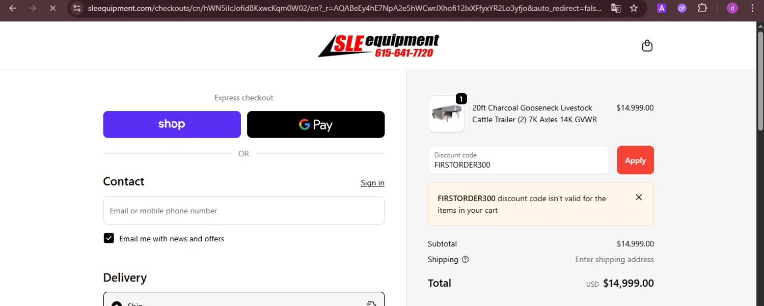 SLE Equipment discount code screenshot showing code FIRSTORDER300 applied at SLE Equipment checkout page. Uploaded by SimplyCodes community member PennyTiger4891 on Nov 25, 2025