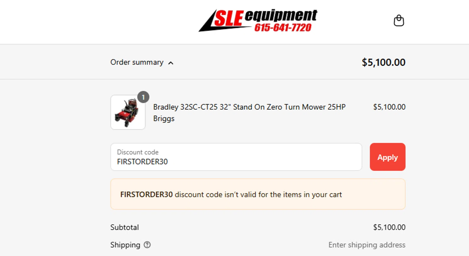 SLE Equipment discount code screenshot showing code FIRSTORDER30 applied at SLE Equipment checkout page. Uploaded by SimplyCodes community member ashe1986 on Aug 6, 2025