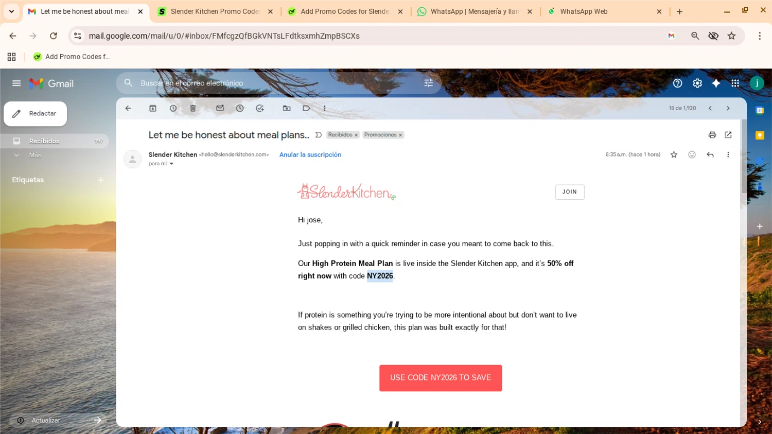 Slender Kitchen promo code screenshot showing code NY2026 applied at Slender Kitchen checkout page. Uploaded by SimplyCodes community member yennifergonzalez on Jan 10, 2026