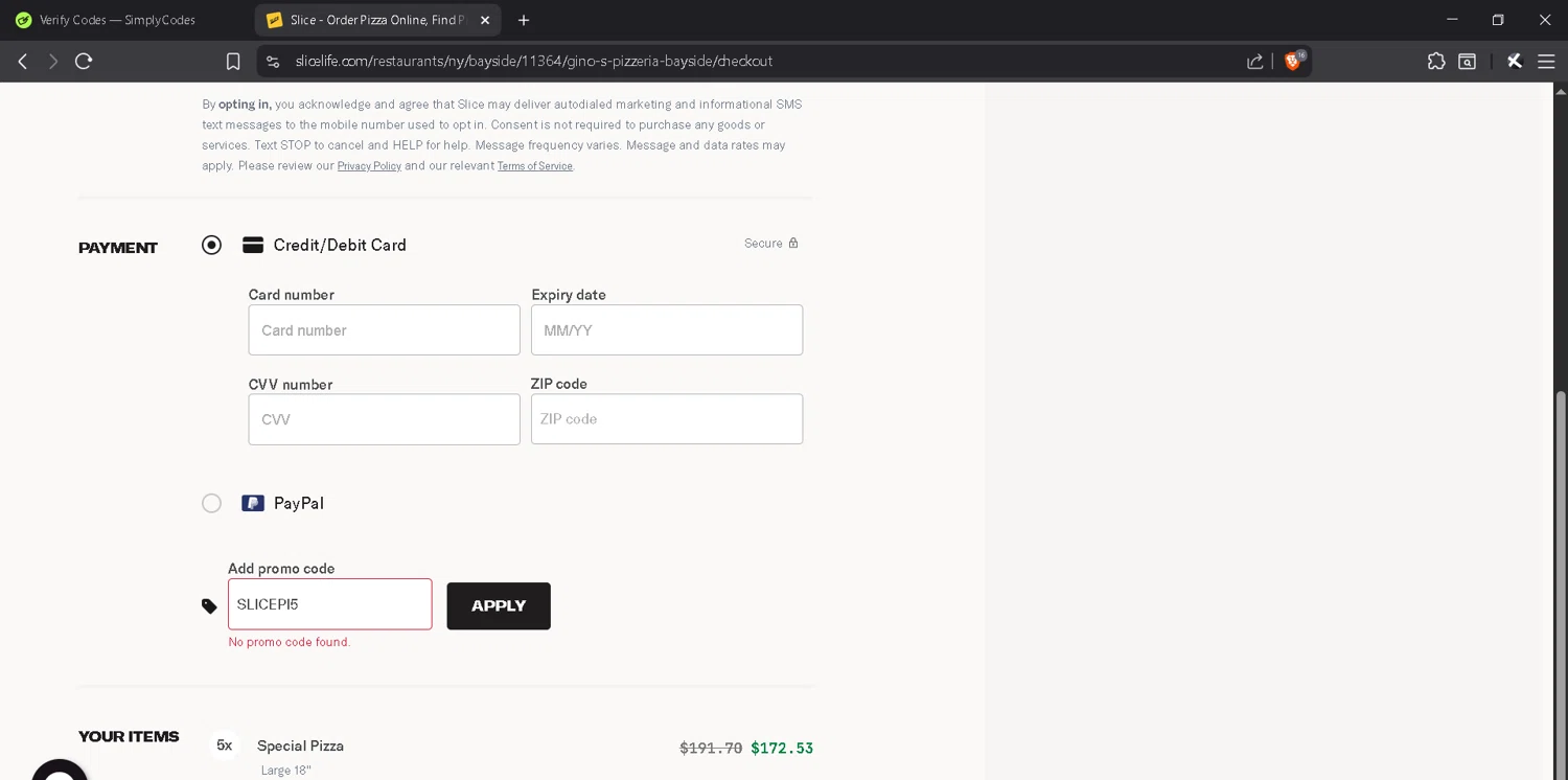 SliceLife promo code screenshot showing code SLICEPI5 applied at SliceLife checkout page. Uploaded by SimplyCodes community member MadaraUchiha07 on Aug 29, 2025