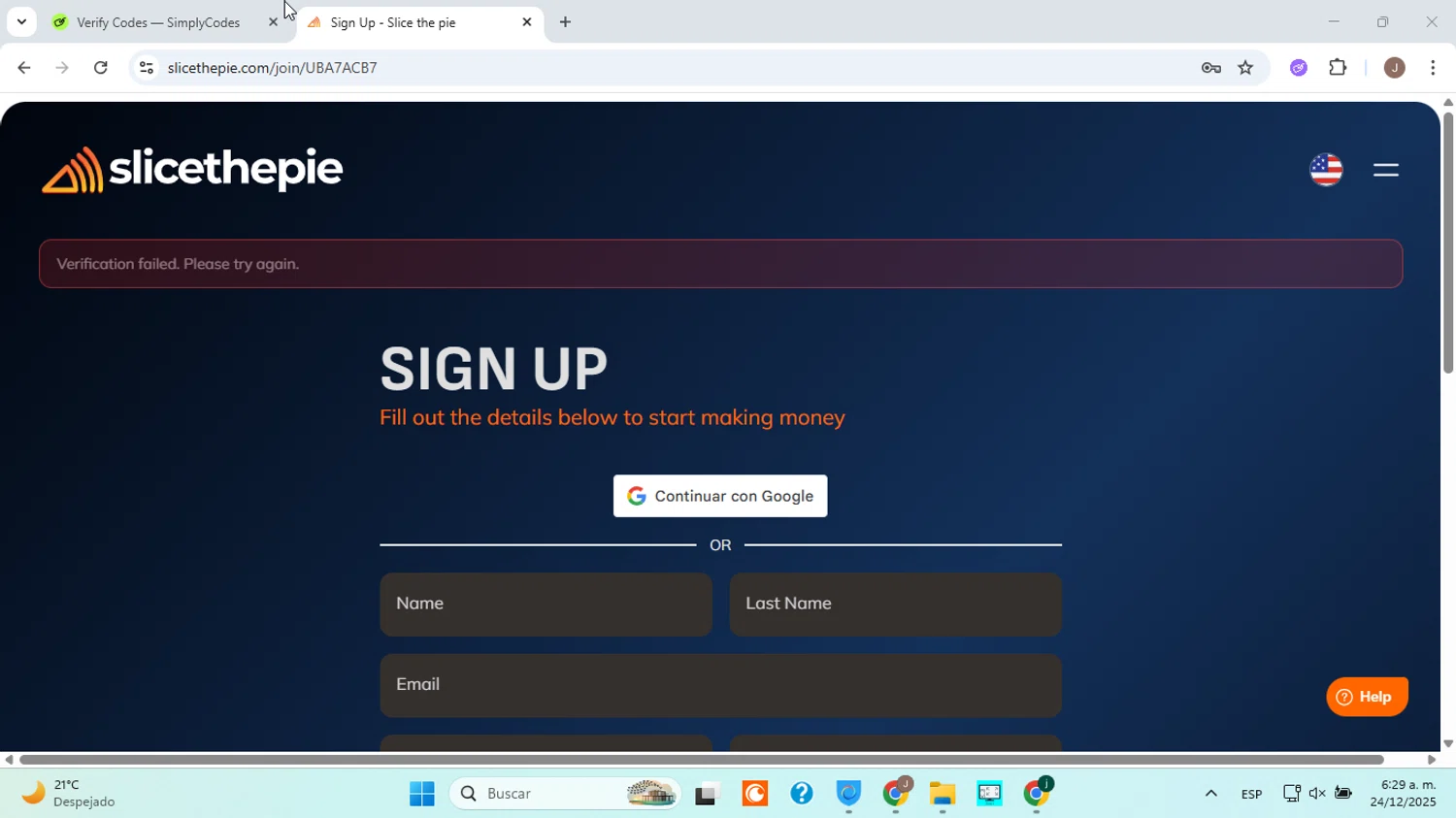 Slicethepie promo code screenshot showing code UBA7ACB7 applied at Slicethepie checkout page. Uploaded by SimplyCodes community member jorgejavierherrera on Dec 24, 2025