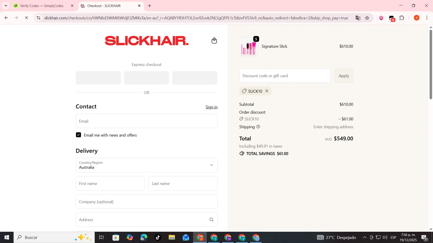Slick Hair discount code screenshot showing code SLICK10 applied at Slick Hair checkout page. Uploaded by SimplyCodes community member FrugalSentinel6206 on Dec 19, 2025