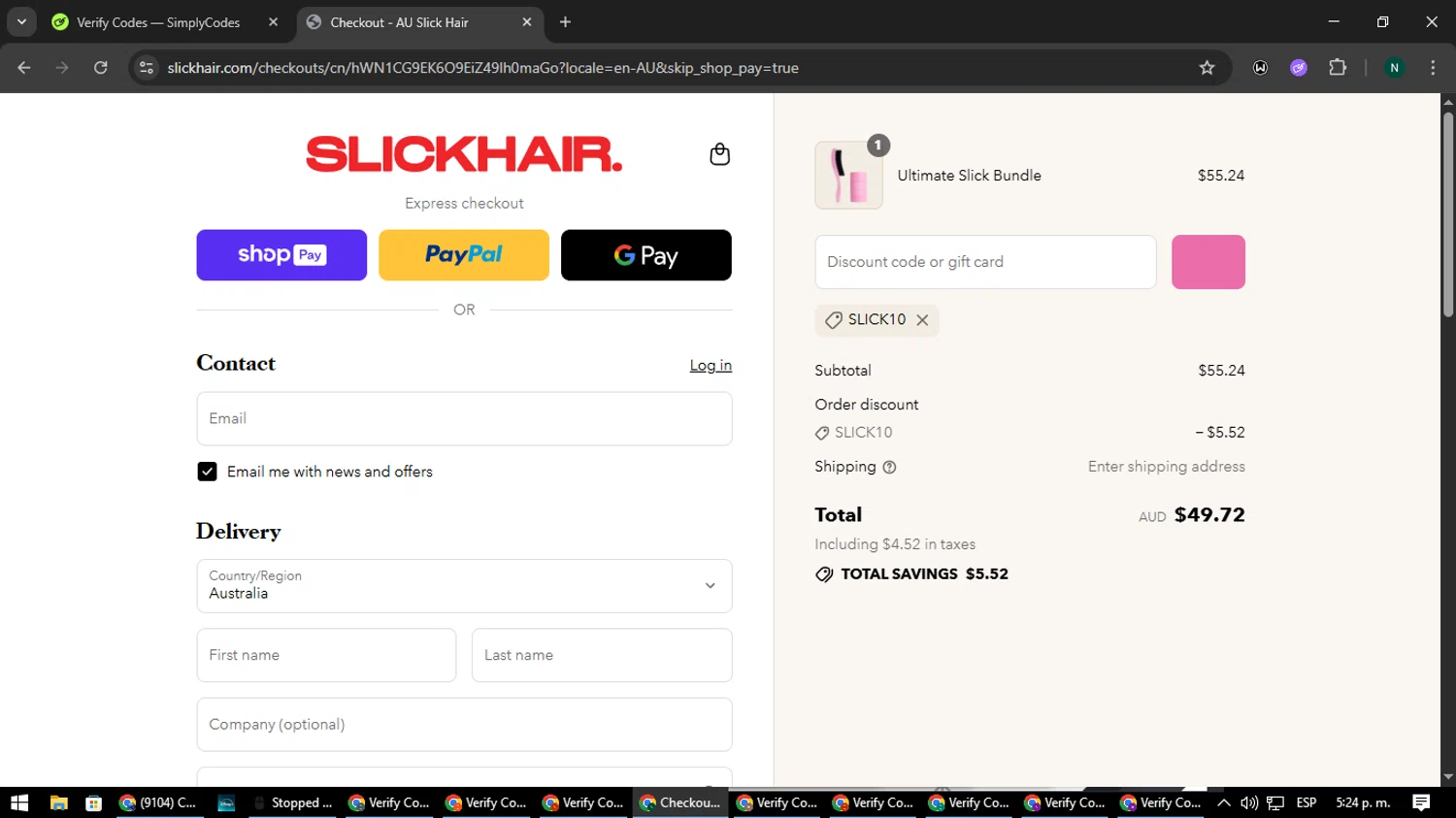 Slick Hair discount code screenshot showing code SLICK10 applied at Slick Hair checkout page. Uploaded by SimplyCodes community member nataaokiiii on Jul 29, 2025