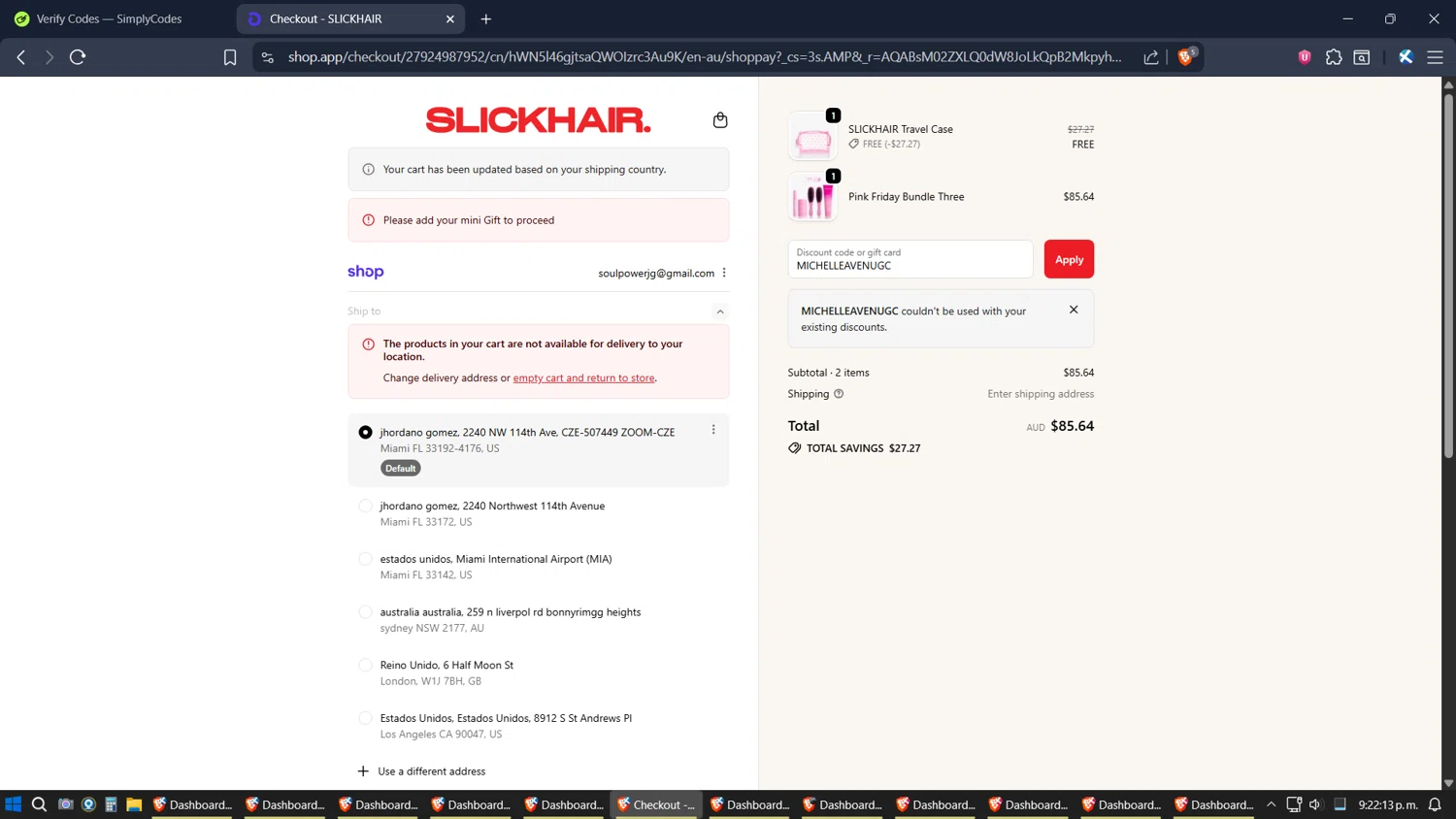 Slick Hair discount code screenshot showing code MICHELLEAVENUGC applied at Slick Hair checkout page. Uploaded by SimplyCodes community member TreasureExpert3303 on Nov 27, 2025