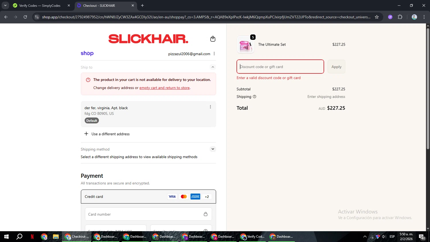 Slick Hair discount code screenshot showing code WELCOME10 applied at Slick Hair checkout page. Uploaded by SimplyCodes community member ShrewdSeeker6165 on Feb 2, 2026