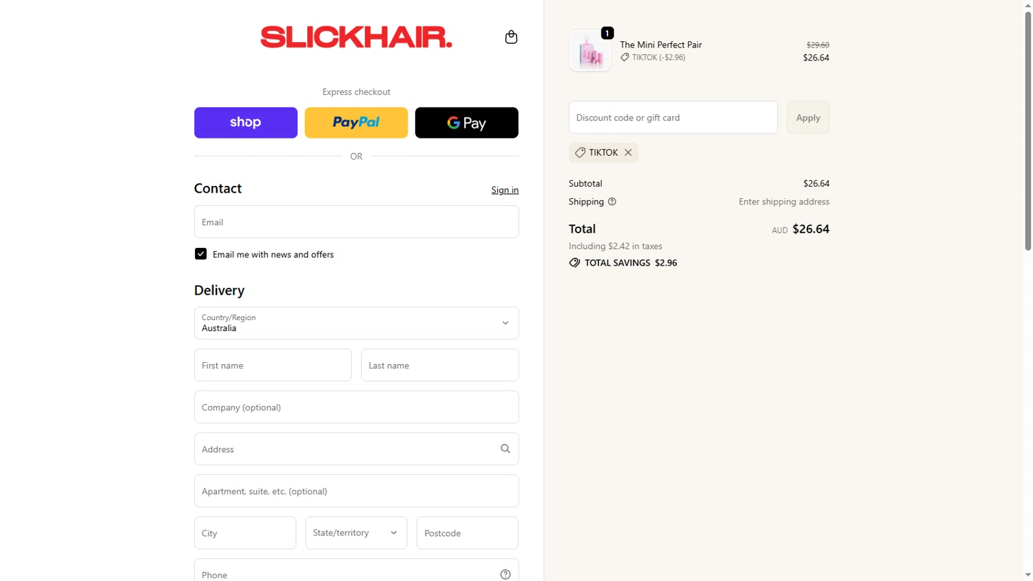 Slick Hair discount code screenshot showing code TIKTOK applied at Slick Hair checkout page. Uploaded by SimplyCodes community member RickhiK on Dec 24, 2025