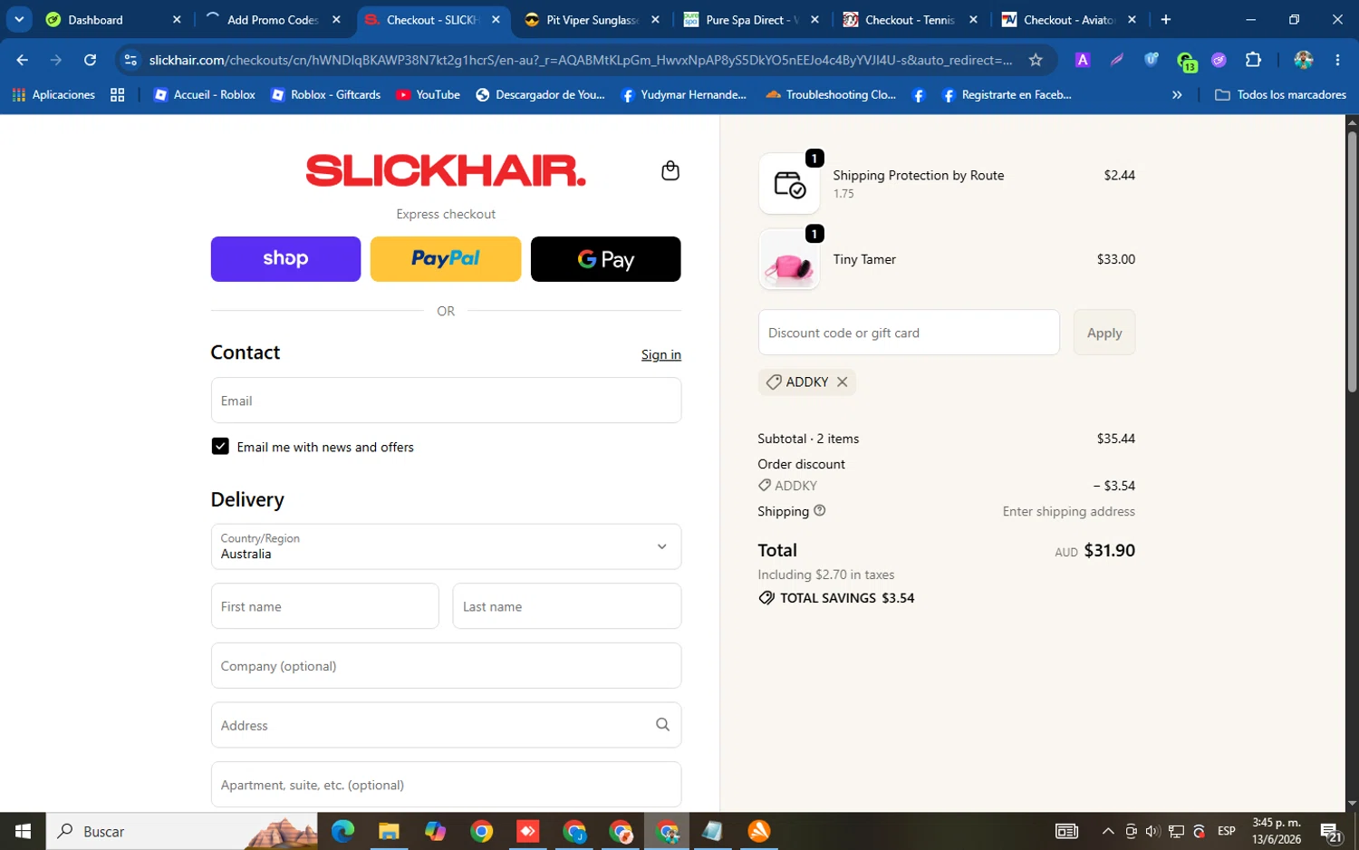 Slick Hair promo code screenshot showing code ADDKY applied at Slick Hair checkout page. Uploaded by SimplyCodes community member helicoide on Jun 13, 2026