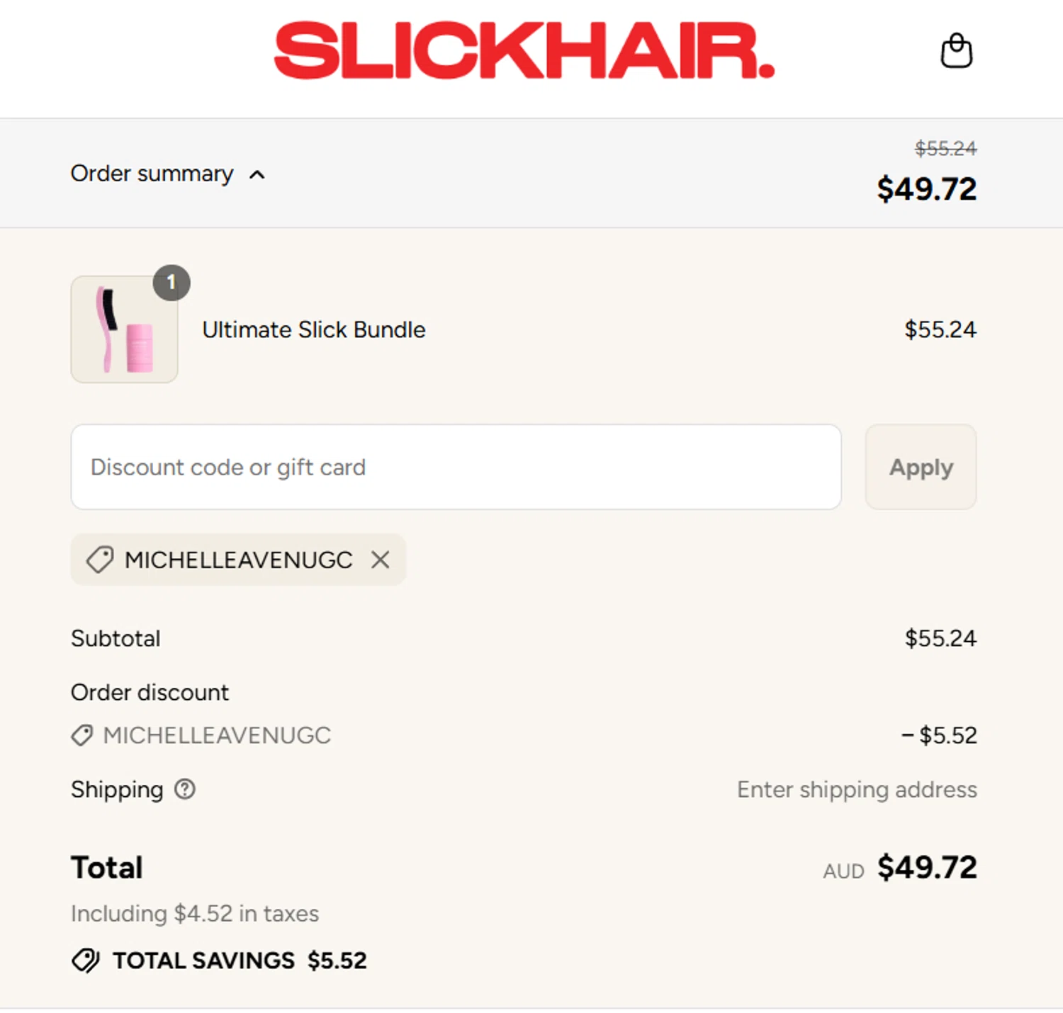Slick Hair discount code screenshot showing code MICHELLEAVENUGC applied at Slick Hair checkout page. Uploaded by SimplyCodes community member yokoono10 on Aug 21, 2025
