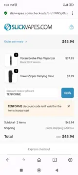 Slick Vapes coupon verification screenshot