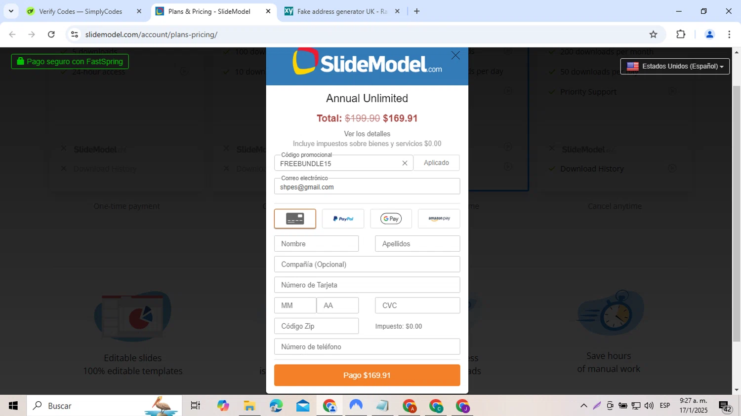 SlideModel promo code screenshot showing code FREEBUNDLE15 applied at SlideModel checkout page. Uploaded by SimplyCodes community member BrilliantLynx1642 on Jan 17, 2025
