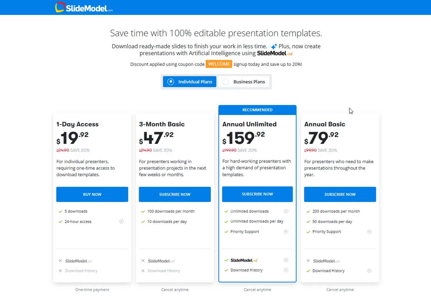 SlideModel promo code screenshot showing code WELCOME applied at SlideModel checkout page. Uploaded by SimplyCodes community member ElIntrepidoVolador on Apr 14, 2025
