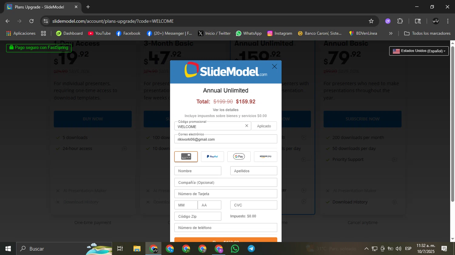SlideModel promo code screenshot showing code WELCOME applied at SlideModel checkout page. Uploaded by SimplyCodes community member Ricardobr06 on Jul 10, 2025