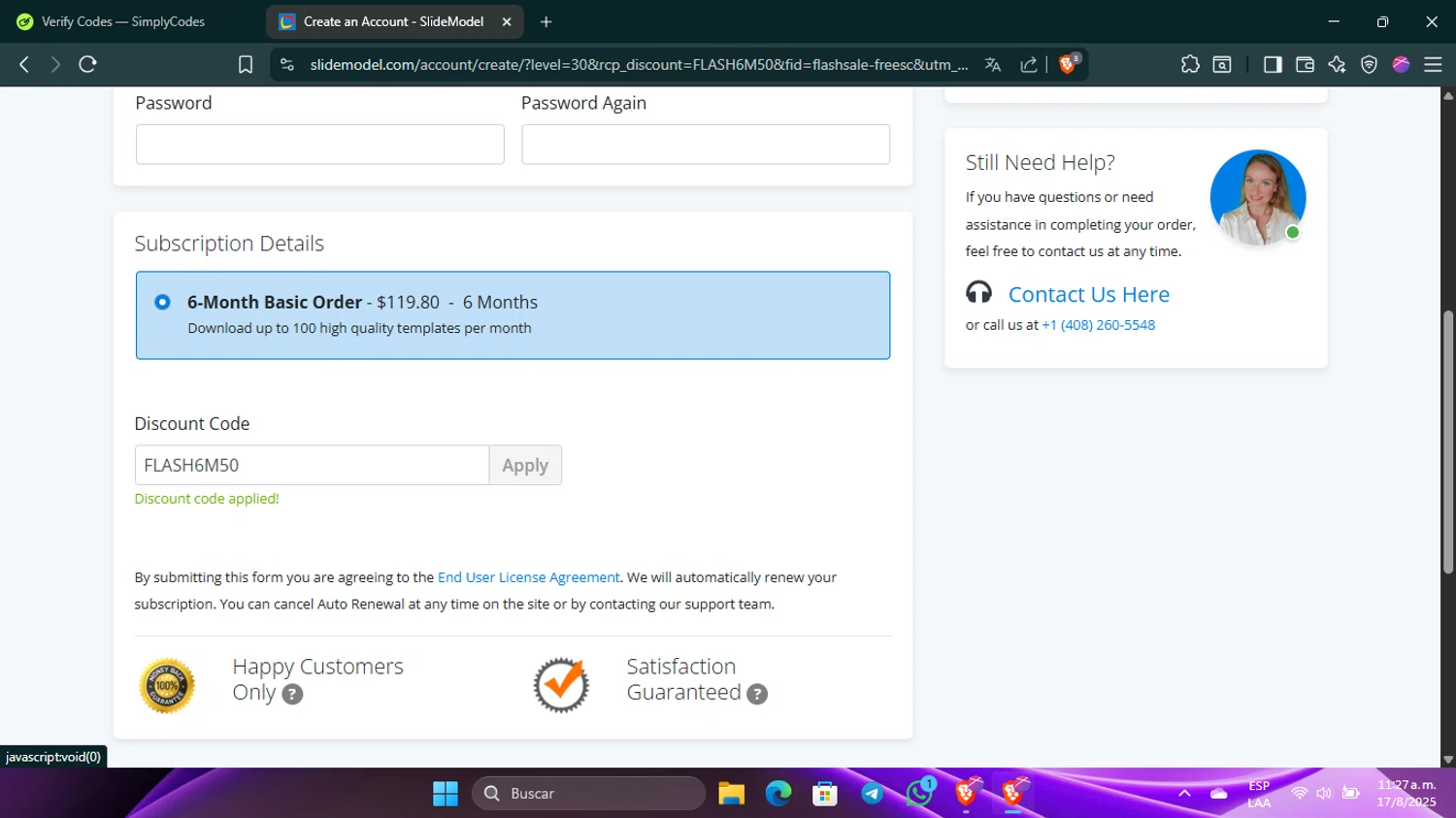 SlideModel promo code screenshot showing code FLASH6M50 applied at SlideModel checkout page. Uploaded by SimplyCodes community member Guacamole_Picante on Aug 17, 2025