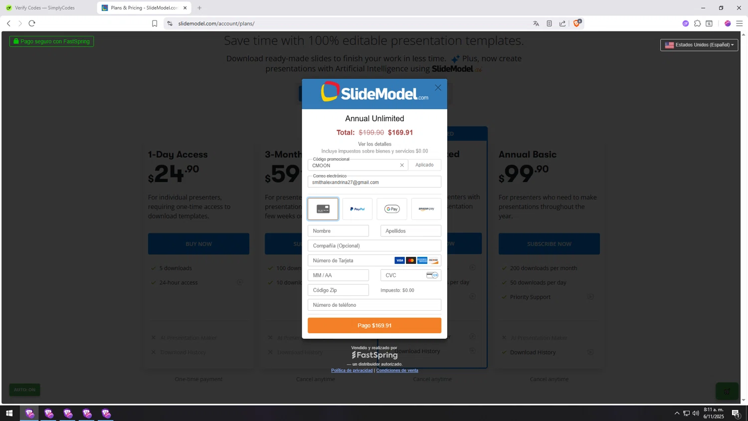 SlideModel promo code screenshot showing code CMOON applied at SlideModel checkout page. Uploaded by SimplyCodes community member INSECTOS on Nov 6, 2025