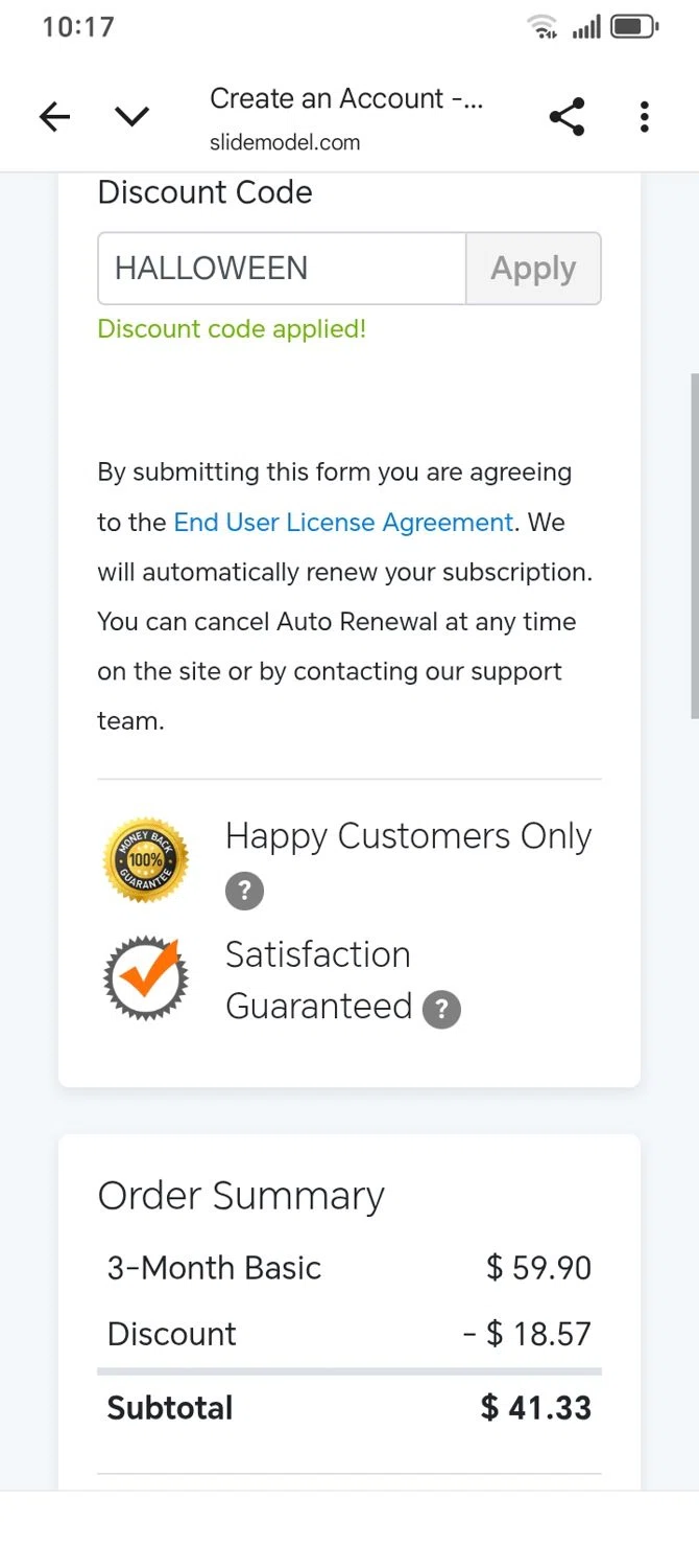 SlideModel promo code screenshot showing code HALLOWEEN applied at SlideModel checkout page. Uploaded by SimplyCodes community member franksanchez on Oct 30, 2025