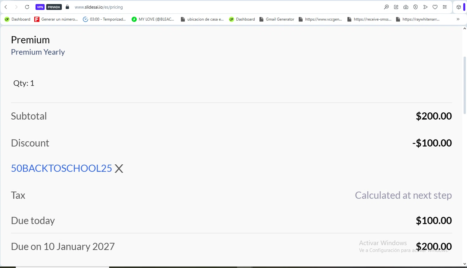 SlidesAI promo code screenshot showing code 50BACKTOSCHOOL25 applied at SlidesAI checkout page. Uploaded by SimplyCodes community member VoucherFalcon3942 on Jan 10, 2026