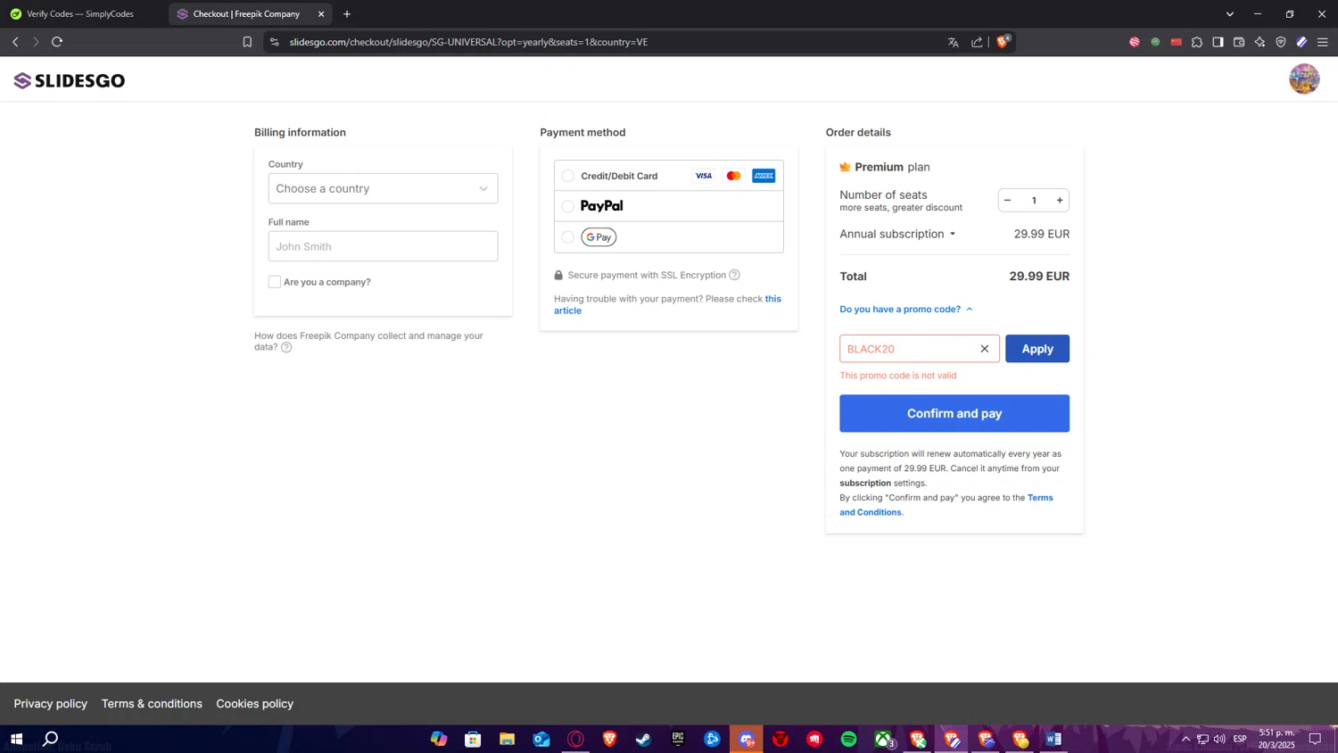 Slidesgo promo code screenshot showing code BLACK20 applied at Slidesgo checkout page. Uploaded by SimplyCodes community member ElPelao on Mar 20, 2025