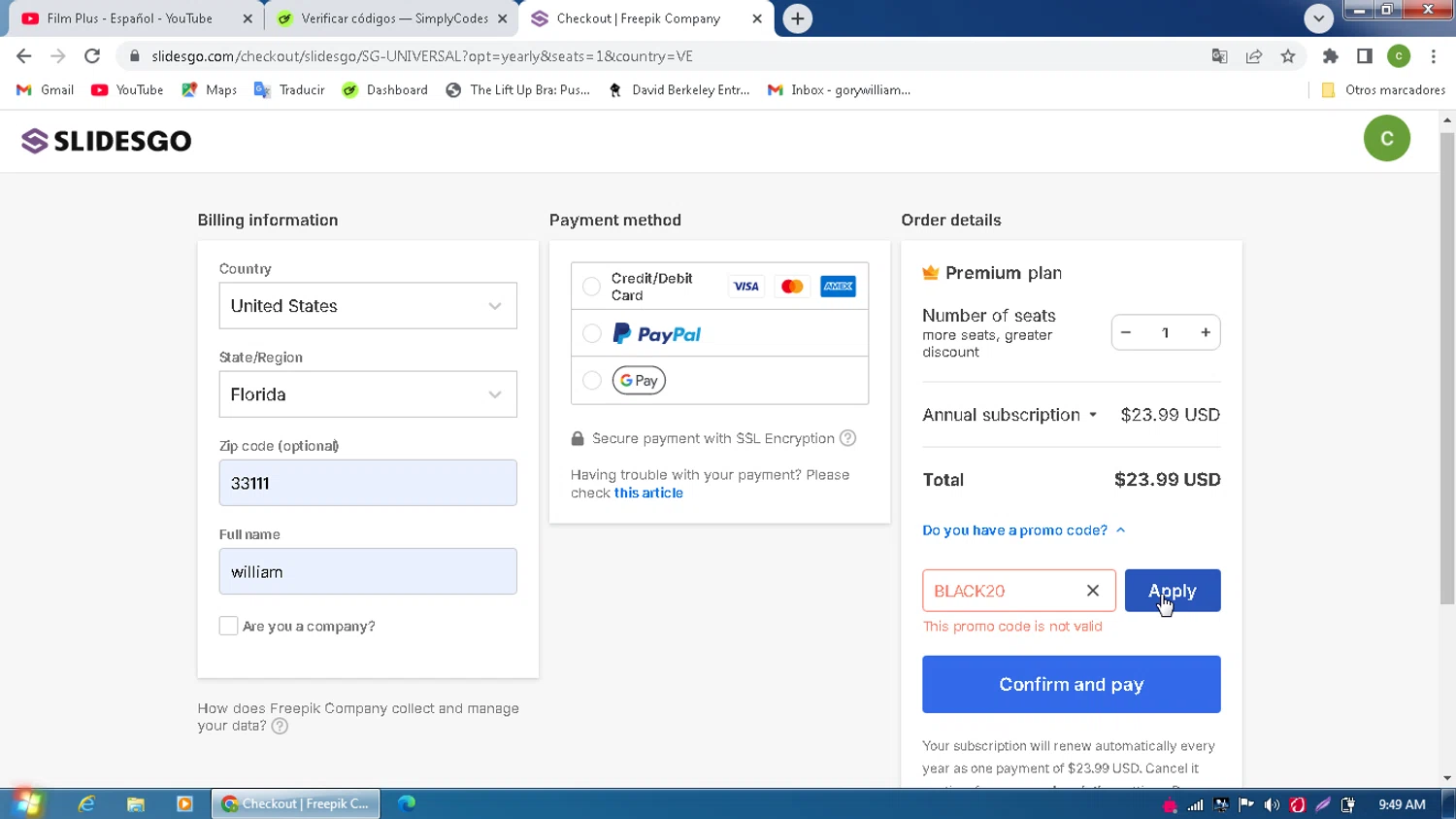 Slidesgo promo code screenshot showing code BLACK20 applied at Slidesgo checkout page. Uploaded by SimplyCodes community member MagnificentPilot8371 on Feb 8, 2025