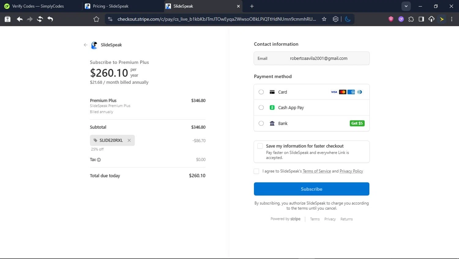 SlideSpeak promo code screenshot showing code SLIDE20RXL applied at SlideSpeak checkout page. Uploaded by SimplyCodes community member DealVirtuoso2241 on Jul 6, 2025