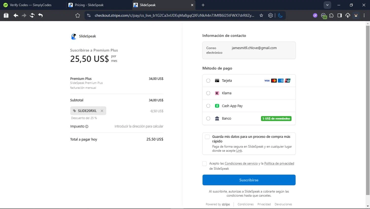 SlideSpeak promo code screenshot showing code SLIDE20RXL applied at SlideSpeak checkout page. Uploaded by SimplyCodes community member LegendaryCollector6259 on Sep 12, 2025