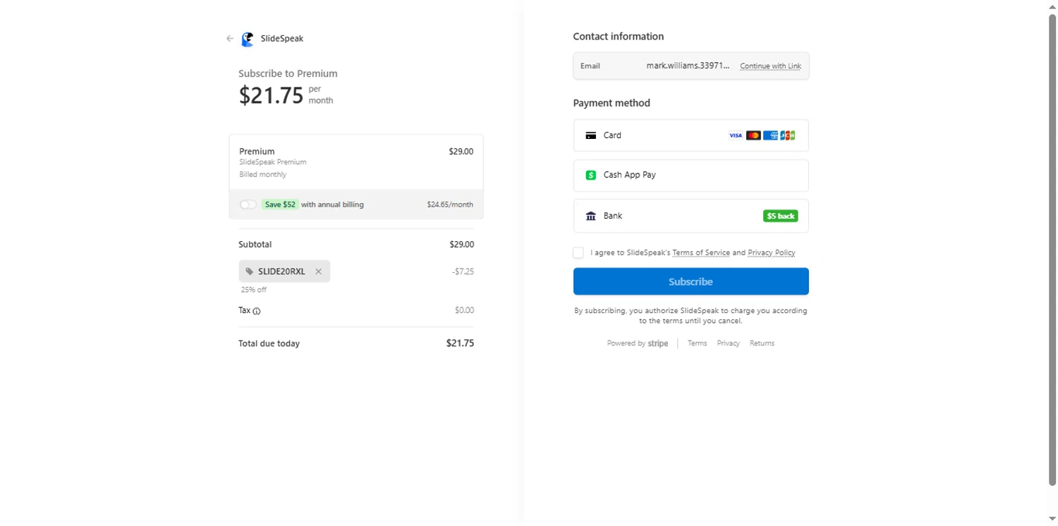 SlideSpeak promo code screenshot showing code SLIDE20RXL applied at SlideSpeak checkout page. Uploaded by SimplyCodes community member the_loose_cannon on Aug 14, 2025