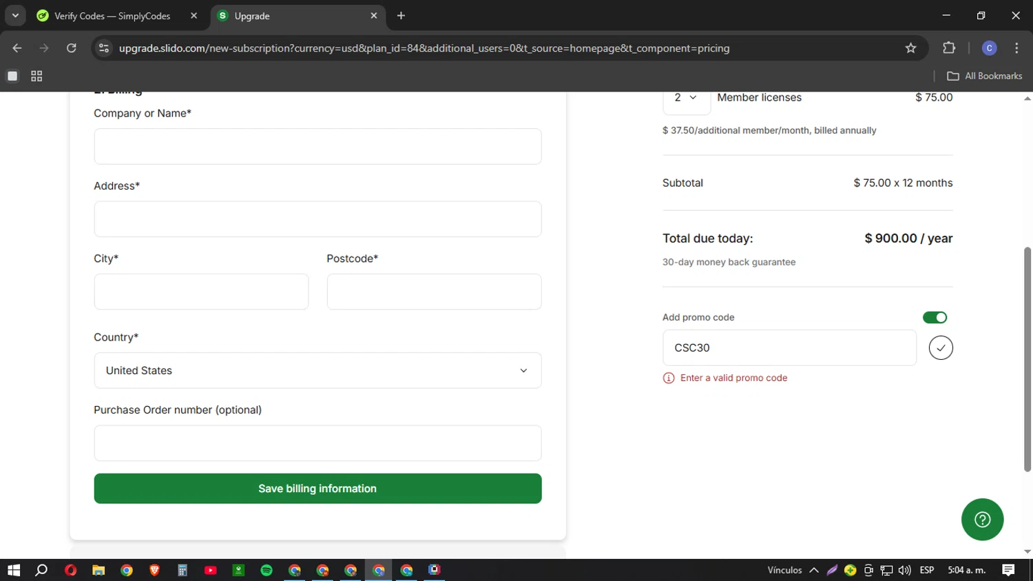 Slido promo code screenshot showing code CSC30 applied at Slido checkout page. Uploaded by SimplyCodes community member Cotu1208 on Mar 22, 2025