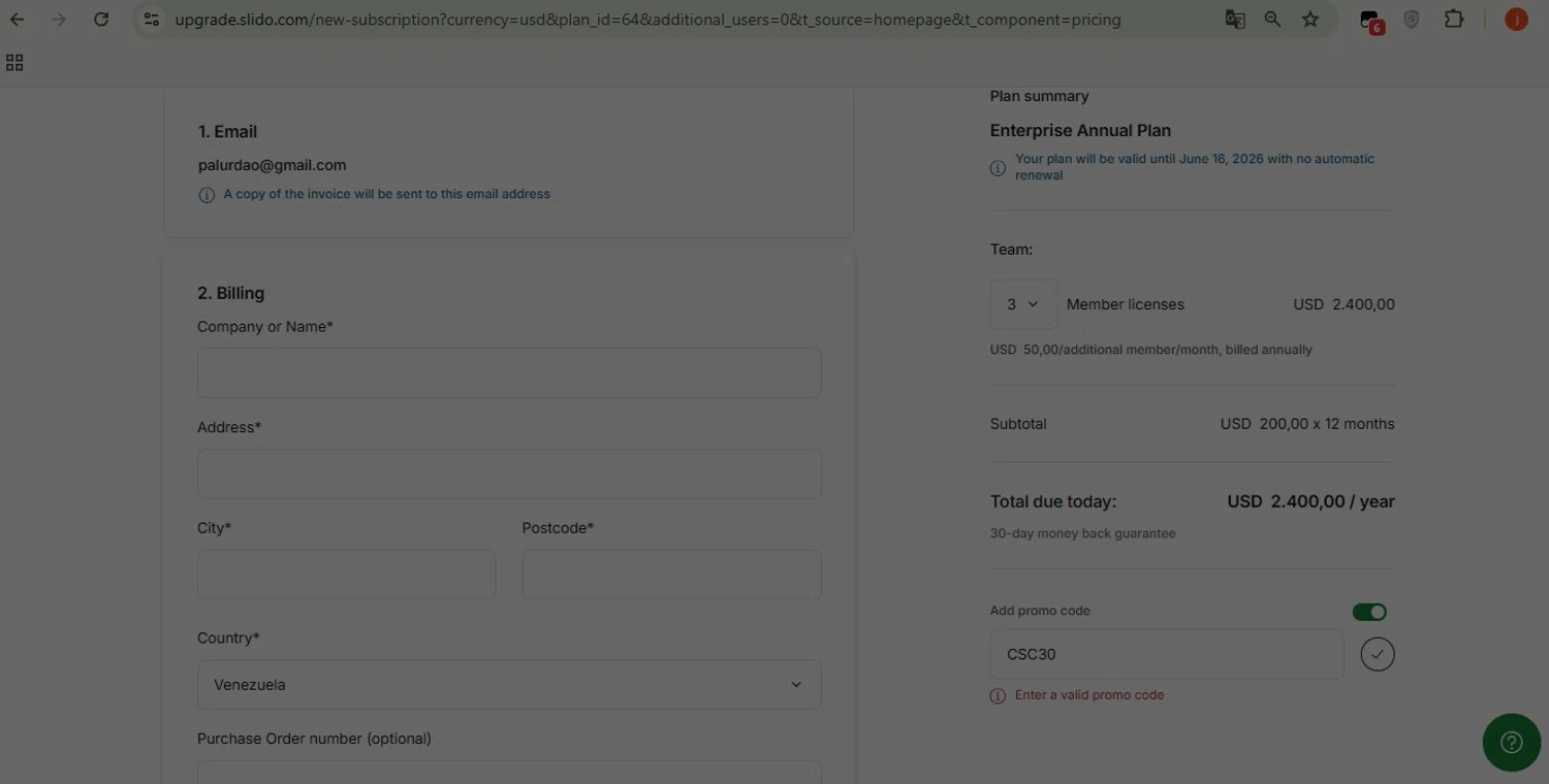 Slido promo code screenshot showing code CSC30 applied at Slido checkout page. Uploaded by SimplyCodes community member WonderSpotter5339 on Jun 16, 2025