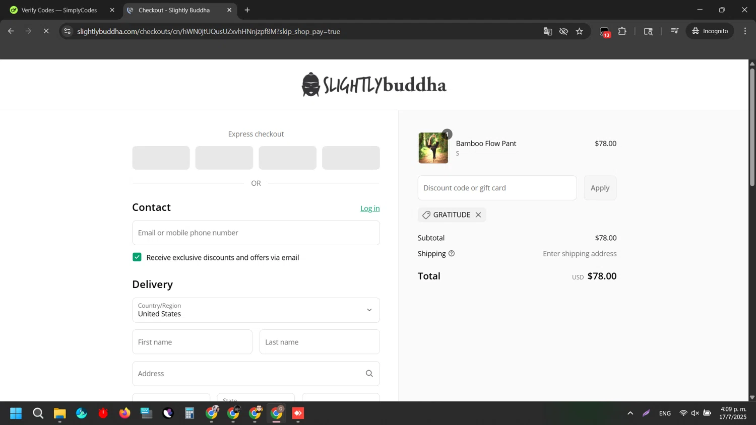Slightly Buddha discount code screenshot showing code GRATITUDE applied at Slightly Buddha checkout page. Uploaded by SimplyCodes community member EpicTiger3556 on Jul 17, 2025
