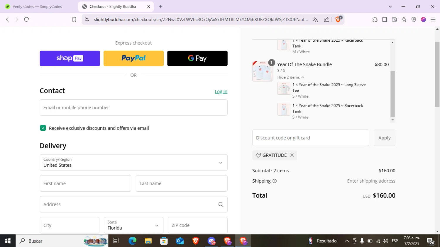 Slightly Buddha discount code screenshot showing code GRATITUDE applied at Slightly Buddha checkout page. Uploaded by SimplyCodes community member LaVelaEnPinta on Feb 7, 2025