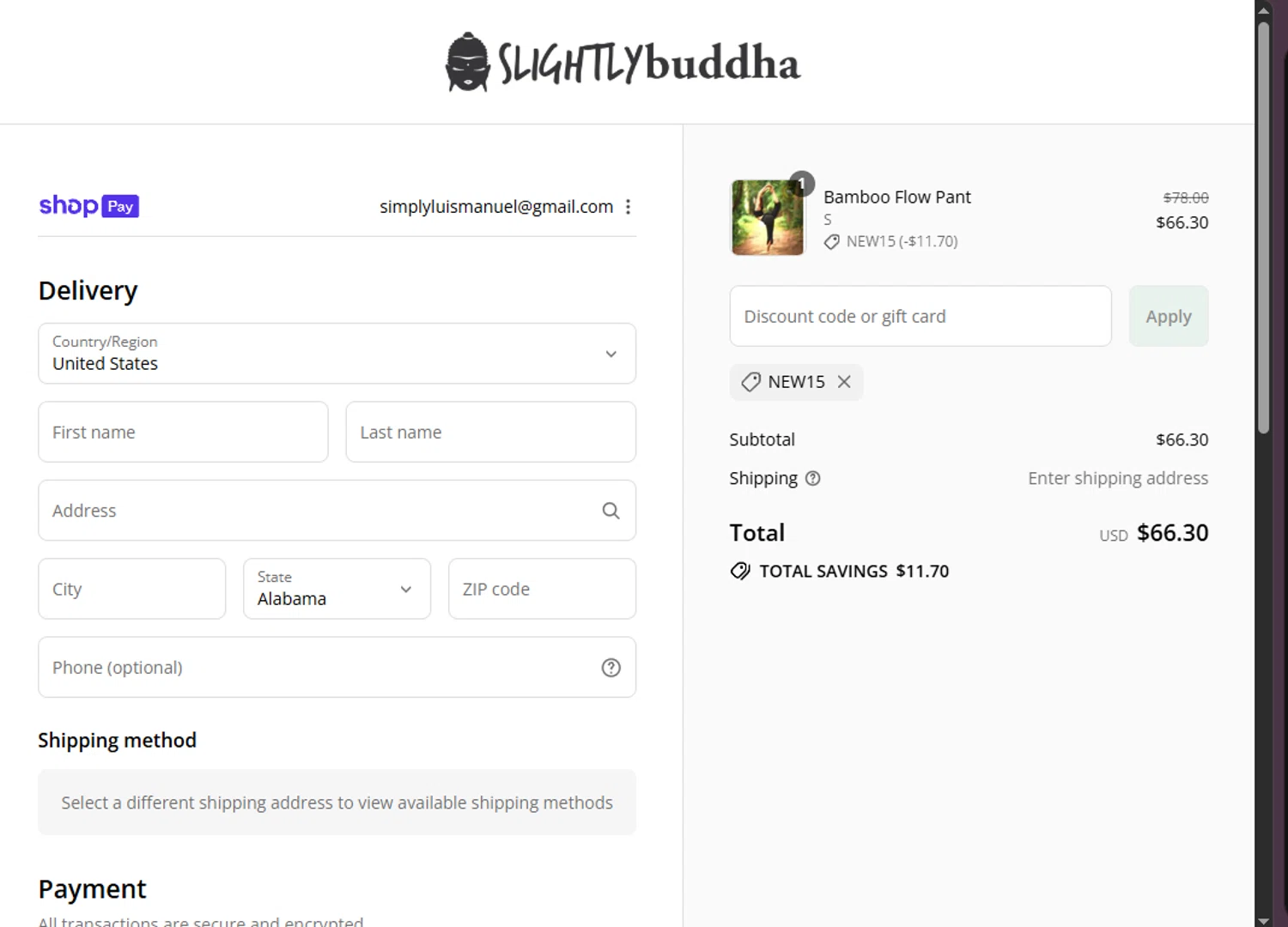 Slightly Buddha discount code screenshot showing code NEW15 applied at Slightly Buddha checkout page. Uploaded by SimplyCodes community member CouponHero3179 on Jul 30, 2025