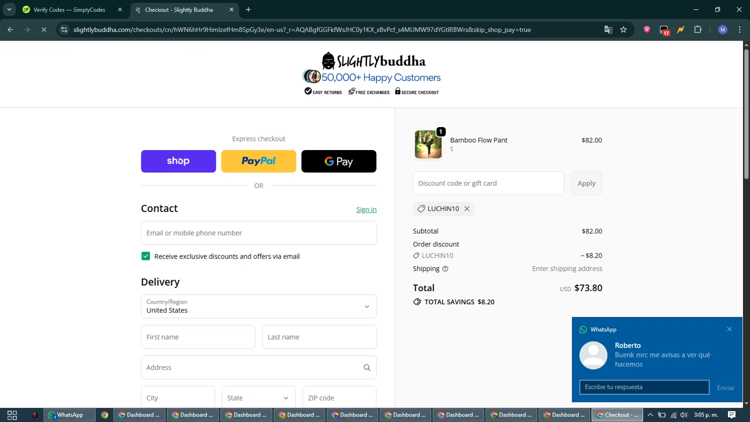 Slightly Buddha discount code screenshot showing code LUCHIN10 applied at Slightly Buddha checkout page. Uploaded by SimplyCodes community member VoucherCurator824 on Dec 21, 2025