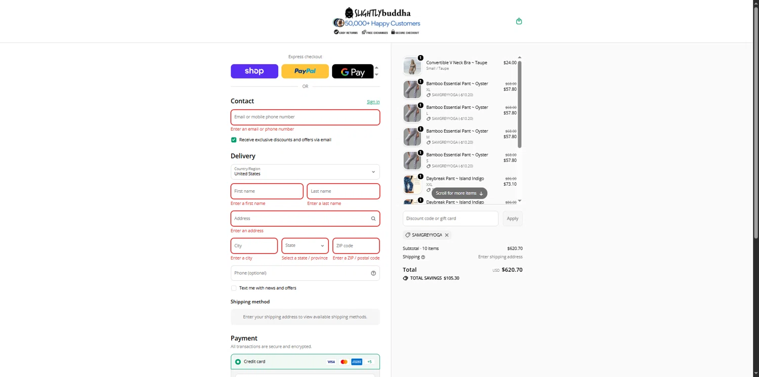 Slightly Buddha discount code screenshot showing code SAMGREYYOGA applied at Slightly Buddha checkout page. Uploaded by SimplyCodes community member ShieldPro2160 on Feb 12, 2026