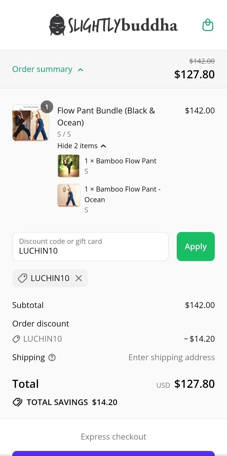 Slightly Buddha discount code screenshot showing code LUCHIN10 applied at Slightly Buddha checkout page. Uploaded by SimplyCodes community member JuanMonge on Jul 28, 2025