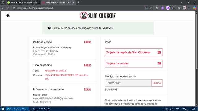 Slim Chickens checkout page showing Slim Chickens coupon code box | Screenshot taken by SimplyCodes community member on Jul 14, 2025