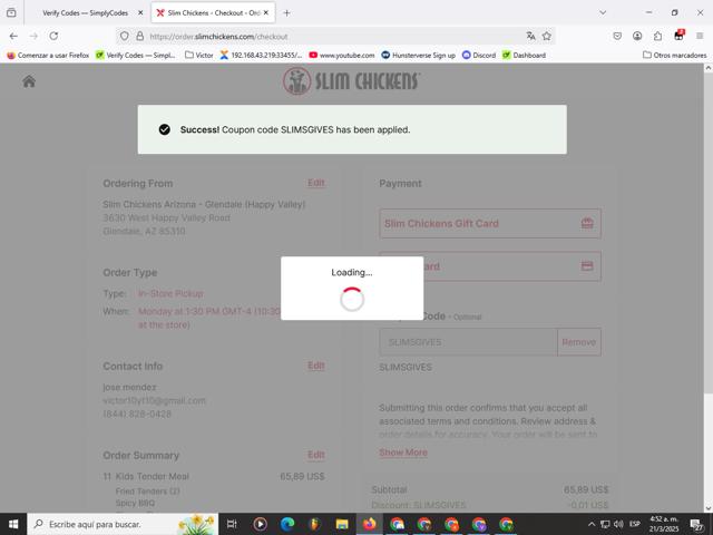 Slim Chickens checkout page showing Slim Chickens coupon code box | Screenshot taken by SimplyCodes community member on Mar 21, 2025
