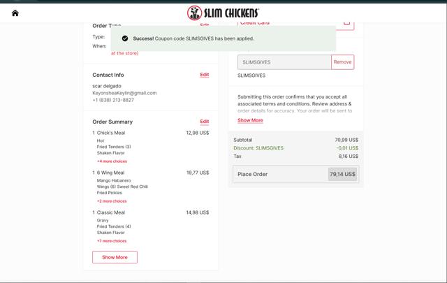 Slim Chickens checkout page showing Slim Chickens coupon code box | Screenshot taken by SimplyCodes community member on Jul 4, 2025