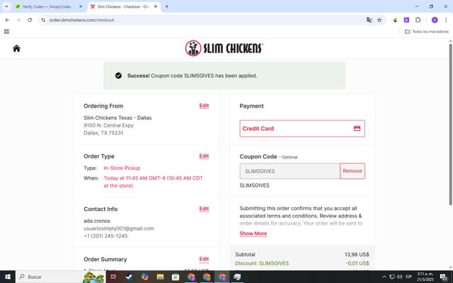 Slim Chickens checkout page showing Slim Chickens coupon code box | Screenshot taken by SimplyCodes community member on Mar 21, 2025