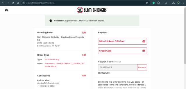 Slim Chickens checkout page showing Slim Chickens coupon code box | Screenshot taken by SimplyCodes community member on Mar 5, 2025