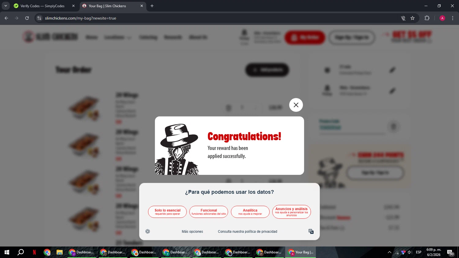 Slim Chickens promo code screenshot showing code TENDERS60 applied at Slim Chickens checkout page. Uploaded by SimplyCodes community member BMWGS1200 on Feb 6, 2026