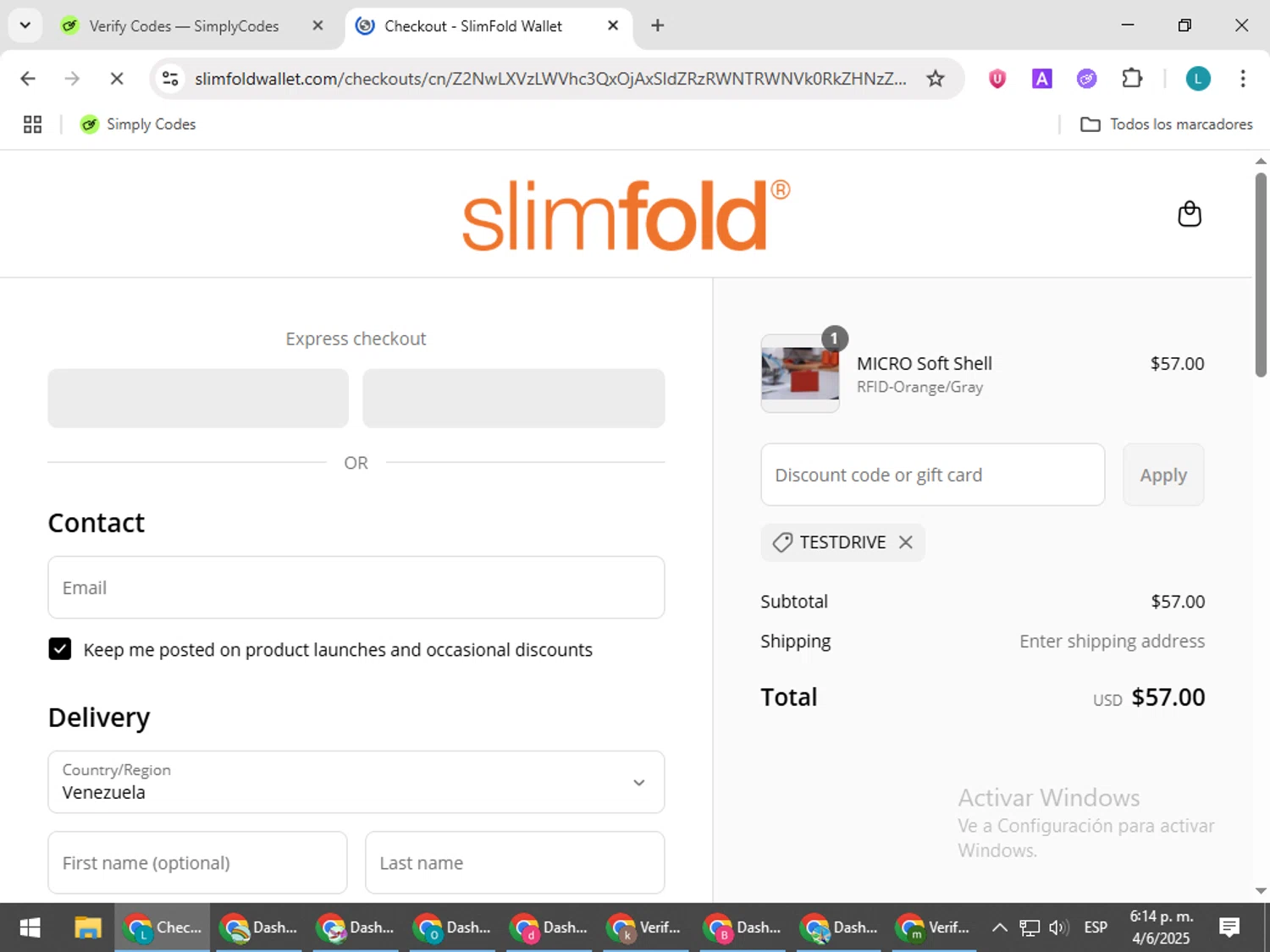 SlimFold discount code screenshot showing code TESTDRIVE applied at SlimFold checkout page. Uploaded by SimplyCodes community member LuckyLegend792 on Jun 4, 2025
