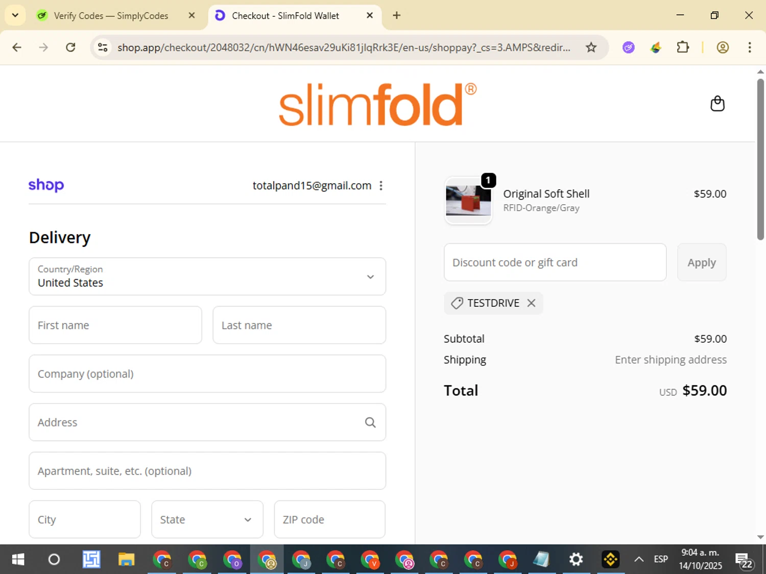 SlimFold discount code screenshot showing code TESTDRIVE applied at SlimFold checkout page. Uploaded by SimplyCodes community member VictorL on Oct 14, 2025
